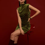 Mock Yaka Kolsuz Kadife Elbise