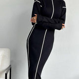 Bej Dikiş Detaylı Triko Elbise