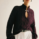 Siyah Örgü Desenli Metal Detaylı Kazak