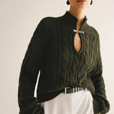 Siyah Örgü Desenli Metal Detaylı Kazak