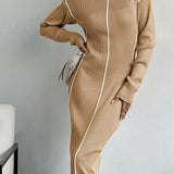 Bej Dikiş Detaylı Triko Elbise