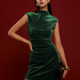 Mock Yaka Kolsuz Kadife Elbise