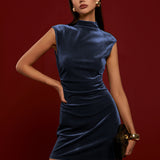 Mock Yaka Kolsuz Kadife Elbise