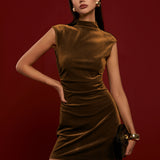 Mock Yaka Kolsuz Kadife Elbise