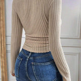 Bej V Yaka Ribana Detaylı Triko Bluz