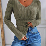 Bej V Yaka Ribana Detaylı Triko Bluz