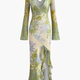 Desenli Uzun Kollu V Yaka Maxi Elbise