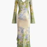 Desenli Uzun Kollu V Yaka Maxi Elbise