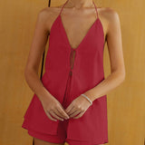 Beyaz Halter Yaka Bağlamalı Şortlu Takım