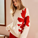 Kırmızı Çiçek Desenli Oversize Triko Kazak