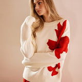 Kırmızı Çiçek Desenli Oversize Triko Kazak