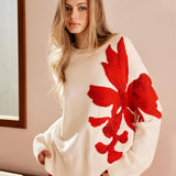 Kırmızı Çiçek Desenli Oversize Triko Kazak