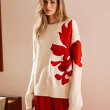 Kırmızı Çiçek Desenli Oversize Triko Kazak