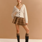 Şık Yüksek Bel Plise Mini Etek Trendy Kareli Desenli