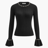 Siyah İnci Detaylı Fırfır Kol Triko Kazak