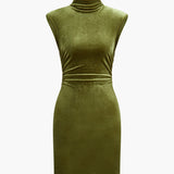 Mock Yaka Kolsuz Kadife Elbise