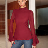 Dik Yaka Sırtı Açık Şifon Fiyonklu Gömlek