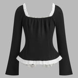 Kare Yaka Kontrast Marul Kesimli Yırtmaçlı Bluz