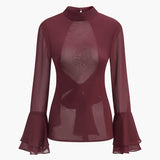 Dik Yaka Sırtı Açık Şifon Fiyonklu Gömlek