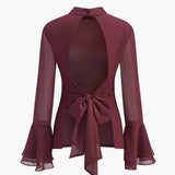 Dik Yaka Sırtı Açık Şifon Fiyonklu Gömlek