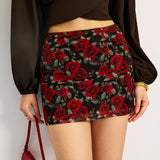 Şık Çiçek Desenli File Etek