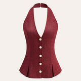 Şık Halter Yaka Üst, Zarif İnci Düğmeli