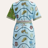 Şık Düğmeli Yaka Aqua Baskılı Gömlek ve Kemer