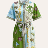 Şık Düğmeli Yaka Aqua Baskılı Gömlek ve Kemer