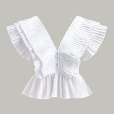 Şık Fırfırlı V Yaka Üst, Şık Düğme Detaylarıyla