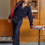 Zımba Süslemeli Yakalı Yün Karışımlı V Yaka Triko