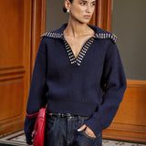 Zımba Süslemeli Yakalı Yün Karışımlı V Yaka Triko