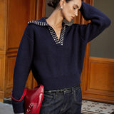 Zımba Süslemeli Yakalı Yün Karışımlı V Yaka Triko