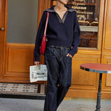 Zımba Süslemeli Yakalı Yün Karışımlı V Yaka Triko