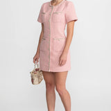 İnci Düğmeli Kısa Kollu Tweed Mini Elbise – Pudra Pembe