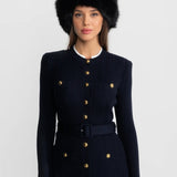 Altın Düğme Detaylı, Fitilli Triko Midi Elbise – Lacivert