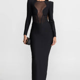 Şeffaf Korse Gövdeli ve Yapılandırılmış Omuzlu Maxi Elbise – Siyah