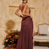 Büzgülü Yaka Dantelli Yırtmaçlı Maksi Elbise