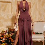 Büzgülü Yaka Dantelli Yırtmaçlı Maksi Elbise