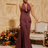 Büzgülü Yaka Dantelli Yırtmaçlı Maksi Elbise