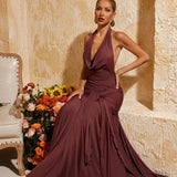 Büzgülü Yaka Dantelli Yırtmaçlı Maksi Elbise