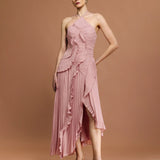 Fırfır Detaylı Pileli Halter Midi Elbise