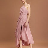 Fırfır Detaylı Pileli Halter Midi Elbise