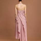 Fırfır Detaylı Pileli Halter Midi Elbise