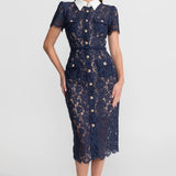 Çiçek Dantelli Midi Elbise – Lacivert