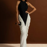 Zıt Renkli Büzgü Panelli Halter Yaka Maxi Elbise