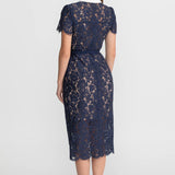 Çiçek Dantelli Midi Elbise – Lacivert
