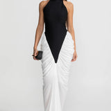 Zıt Renkli Büzgü Panelli Halter Yaka Maxi Elbise