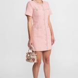 İnci Düğmeli Kısa Kollu Tweed Mini Elbise – Pudra Pembe