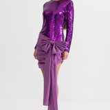 Asimetrik Fiyonk Detaylı Zarif Pullu Elbise