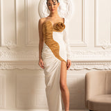 Büzgülü Altın Detaylı Asimetrik Abiye Elbise – Beyaz